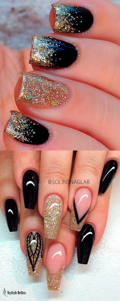 Black And Gold Glitter Nails