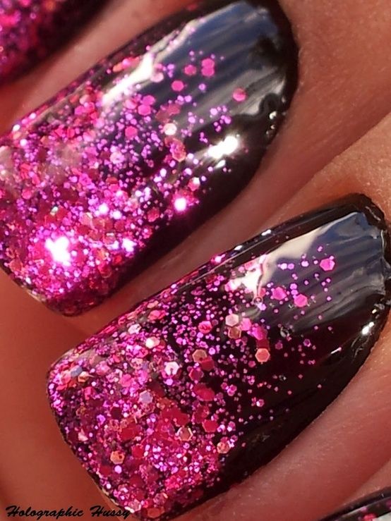 Black And Pink Glitter Nails