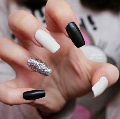 Black And White Glitter Nails