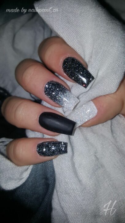 Black And White Glitter Nails
