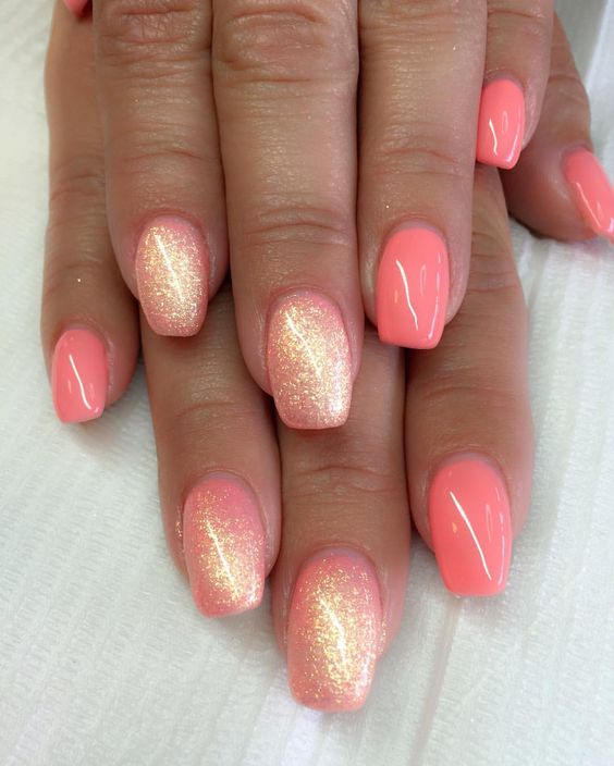 Coral Glitter Nails