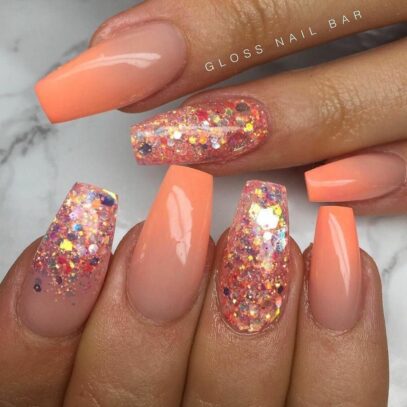 Coral Glitter Nails