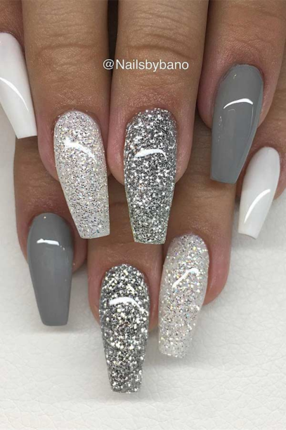 Gray Glitter Nails