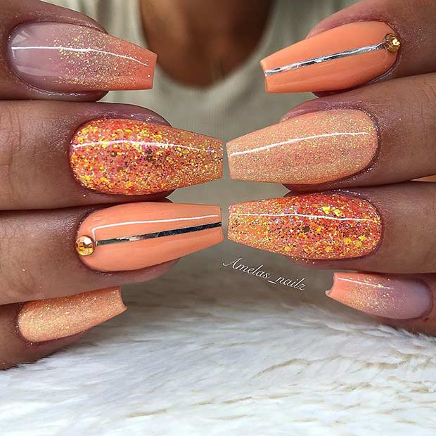Orange Glitter Nails