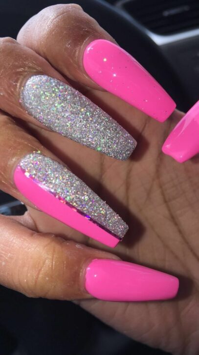 Pink And Silver Glitter Nails