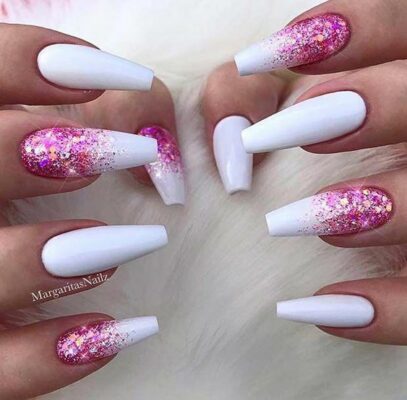 Pink And White Glitter Nails