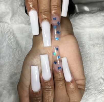White Nails With Butterflies