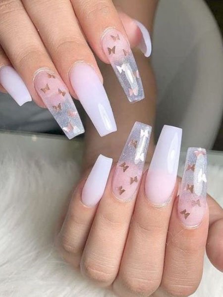 White Nails With Butterflies