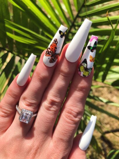 White Nails With Butterflies