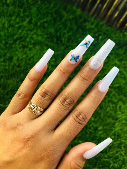 White Nails With Butterflies