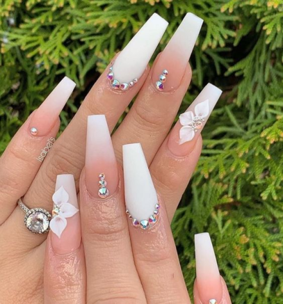 White Nails With Designs Rhinestones