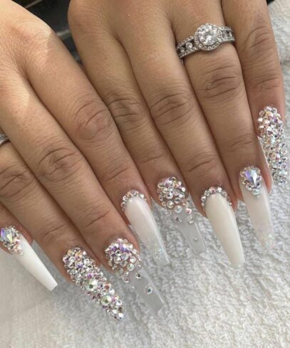 White Nails With Designs Rhinestones