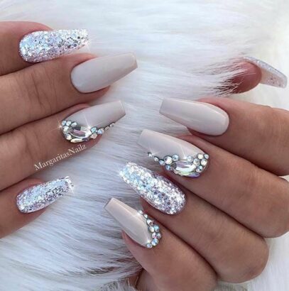 White Nails With Designs Rhinestones