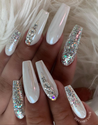 White Nails With Designs Rhinestones