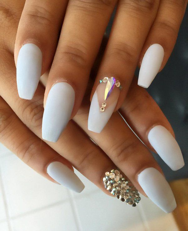 White Nails With Designs Rhinestones