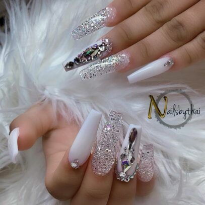 White Nails With Designs Rhinestones