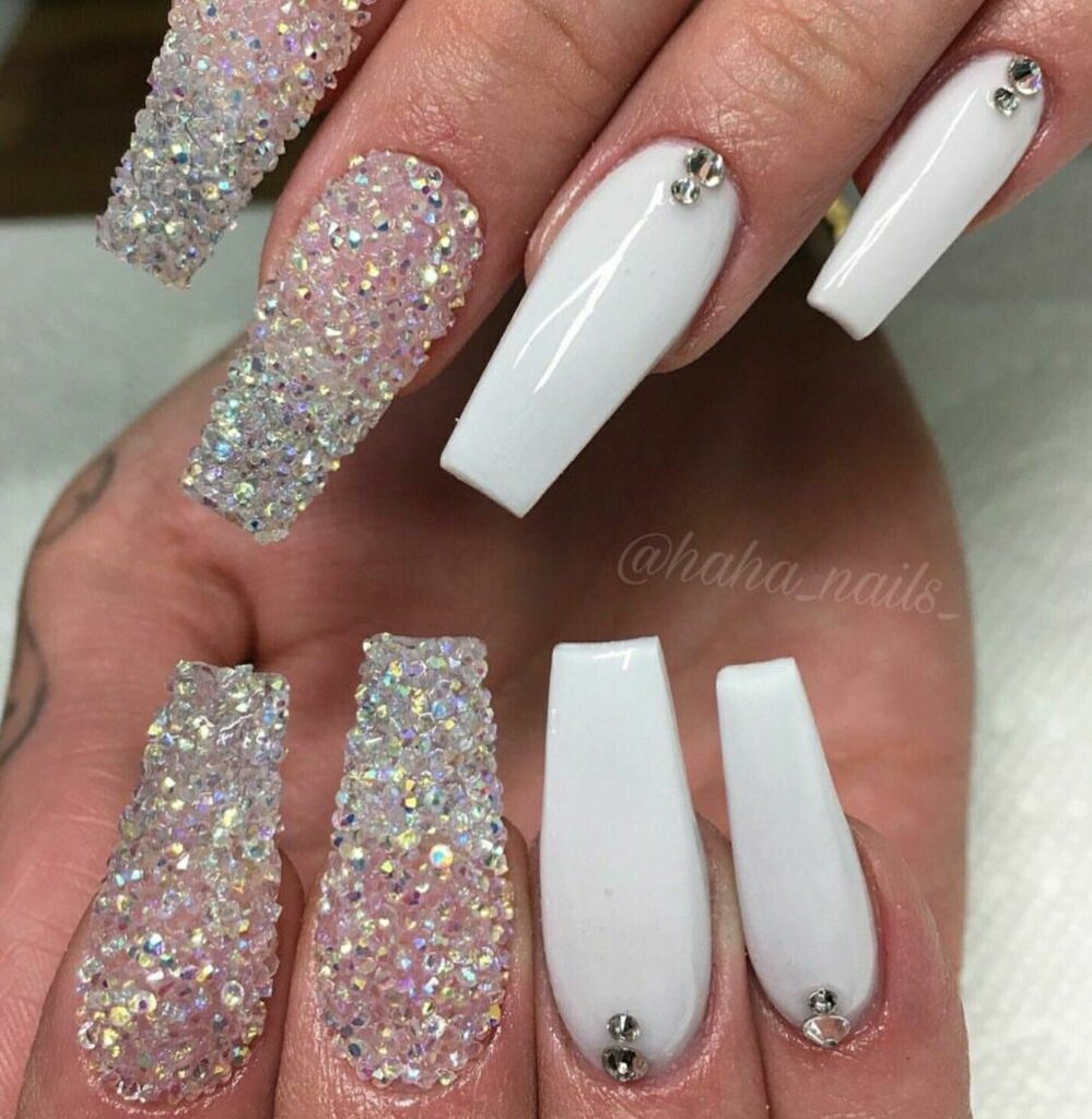 White Nails With Designs Rhinestones