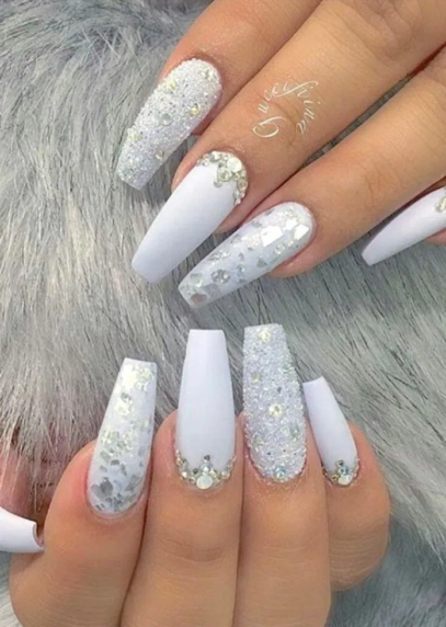 White Nails With Diamonds