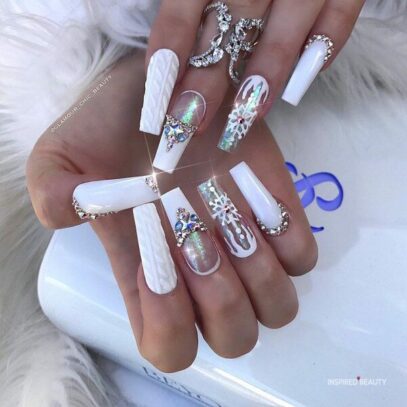 White Nails With Diamonds