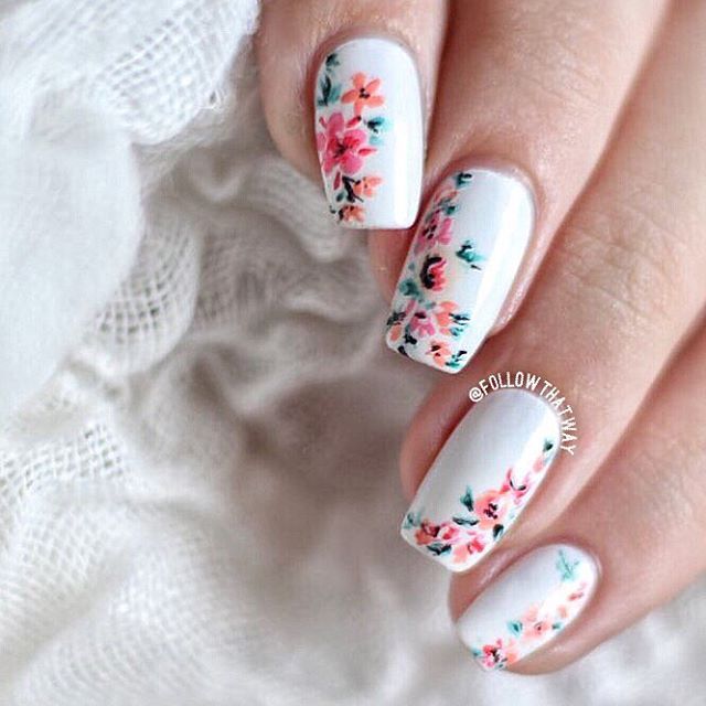 White Nails With Flowers