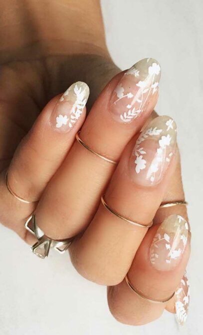 White Nails With Flowers