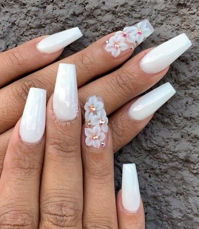 White Nails With Flowers