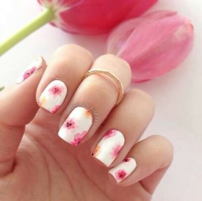 White Nails With Flowers