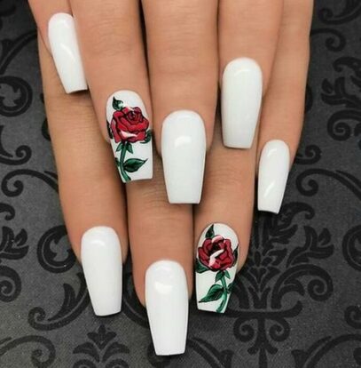 White Nails With Flowers