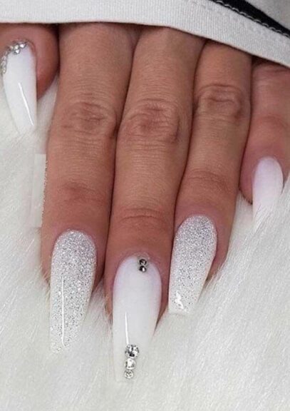 White Nails With Glitter