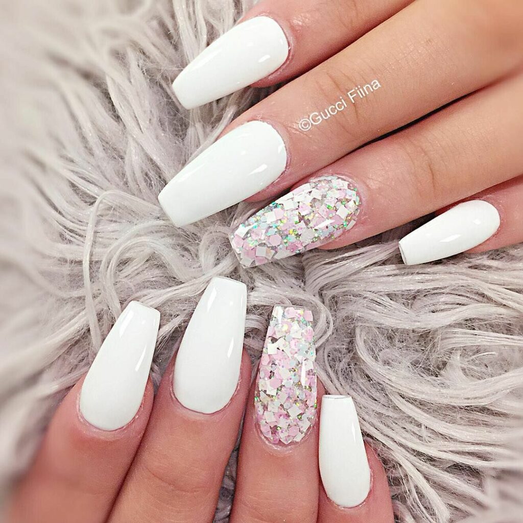 White Nails With Glitter