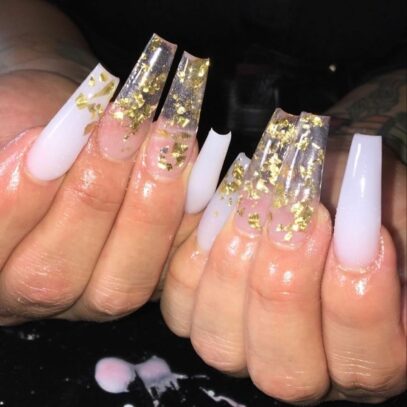 White Nails With Gold Flakes