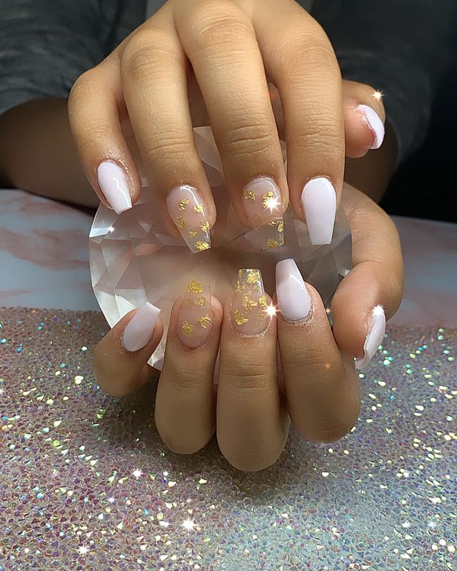 White Nails With Gold Flakes