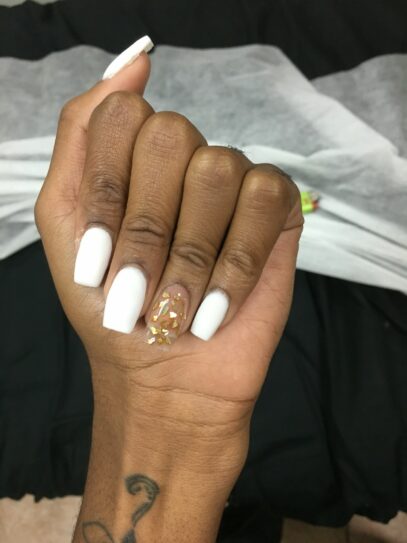 White Nails With Gold Flakes