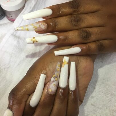 White Nails With Gold Flakes