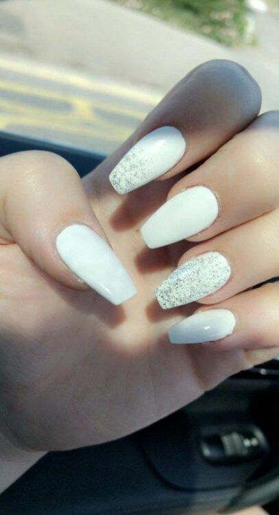 White Nails With One Glitter Nail