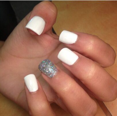 White Nails With One Glitter Nail
