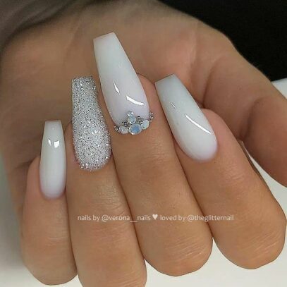 White Nails With One Glitter Nail