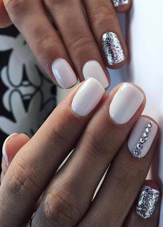White Nails With One Glitter Nail