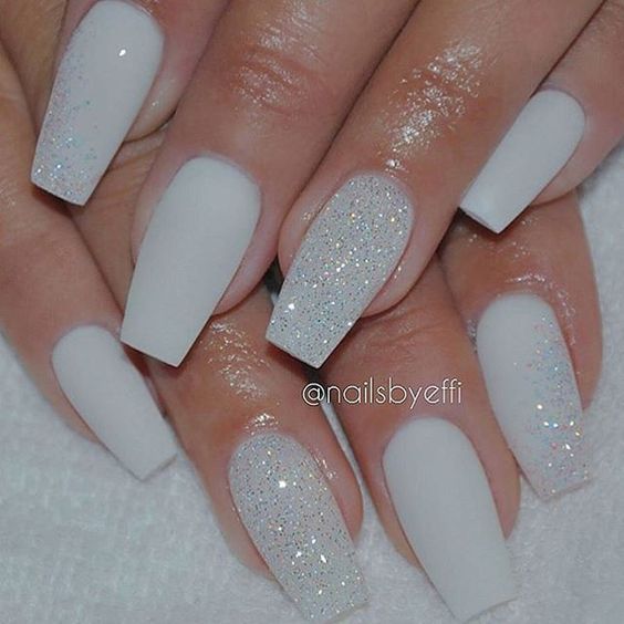 White Nails With One Glitter Nail