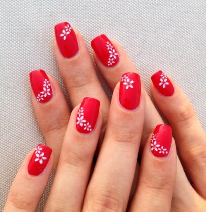 White Nails With Red Design