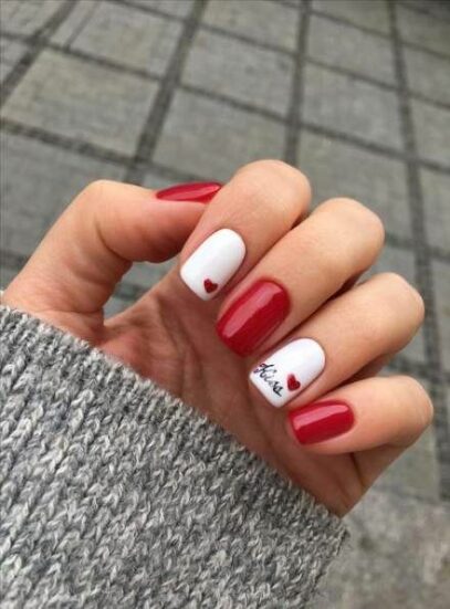 White Nails With Red Design