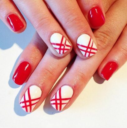 White Nails With Red Design
