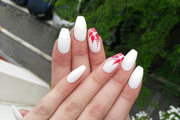 White Nails With Red Design