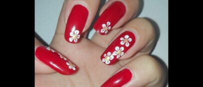 White Nails With Red Design