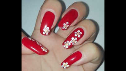 White Nails With Red Design