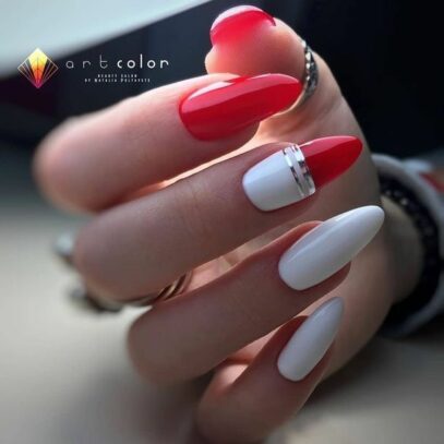 White Nails With Red Design