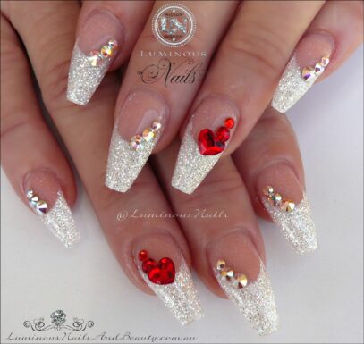 White Nails With Red Design