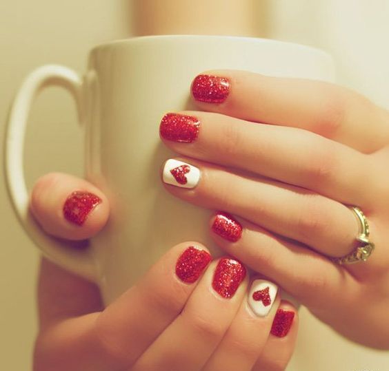 White Nails With Red Heart