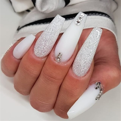 White Nails With Rhinestones