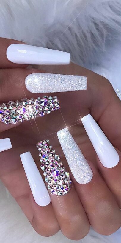White Nails With Rhinestones